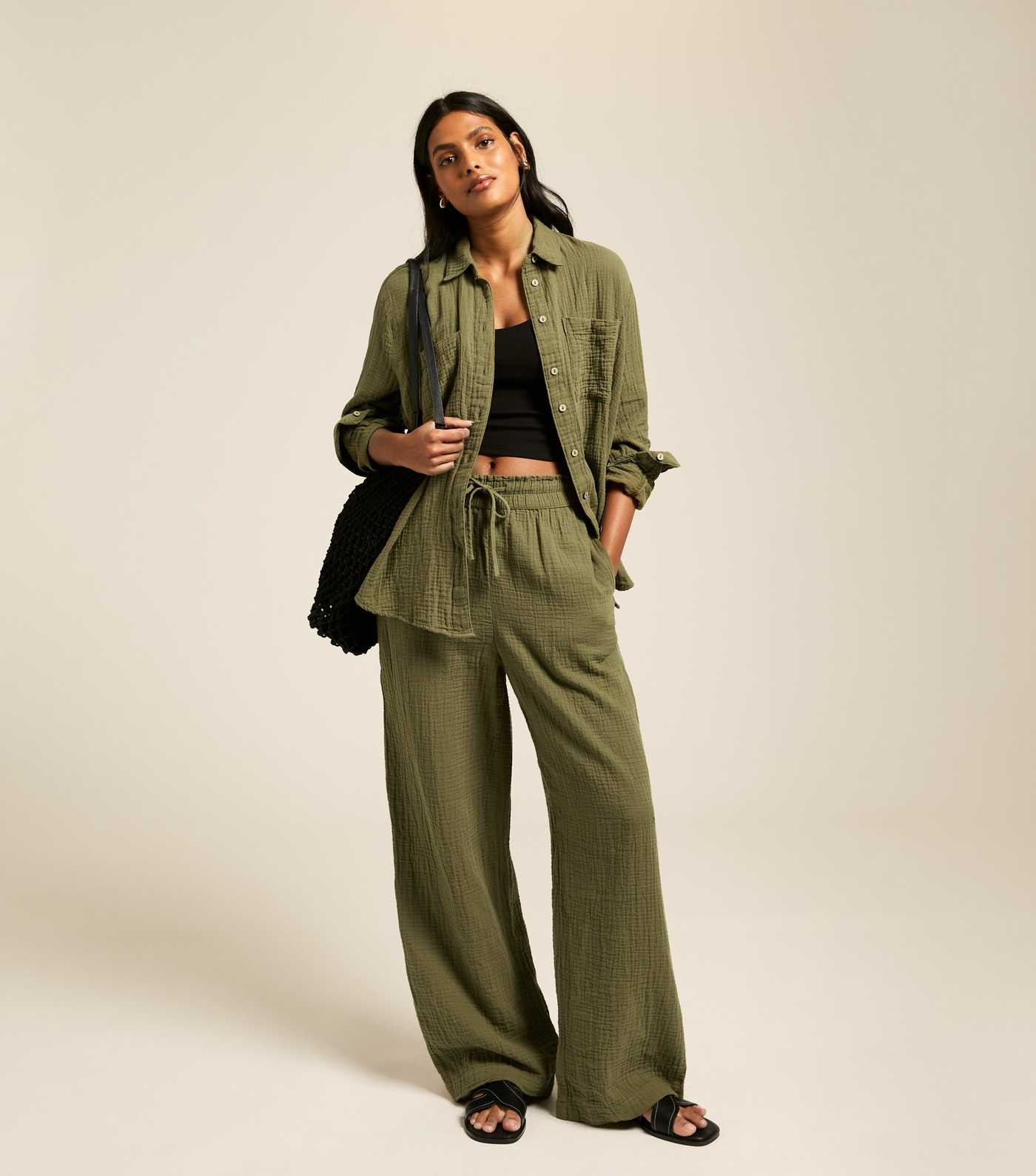 Khaki Crinkled Texture Cotton Shirt | New Look | New Look (UK)