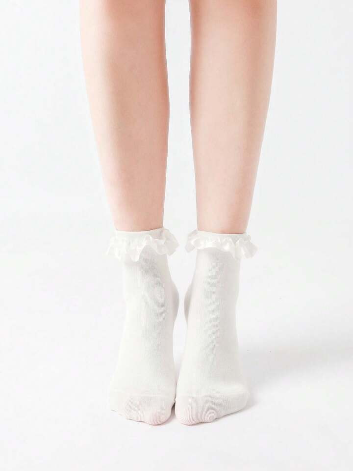 1pair Ladies' Fashionable Lace Trim Short Socks, Spring And Autumn | SHEIN