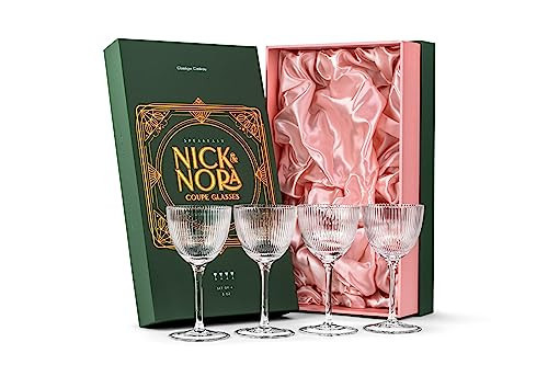 Vintage Art Deco Nick and Nora Coupe Glasses | Set of 4 | 5 oz Crystal Ribbed Cocktail Glassware for Drinking Classic Gin, Whiskey, Vodka Bar Drinks | Retro Long Stemmed Barware Goblets | Amazon (US)