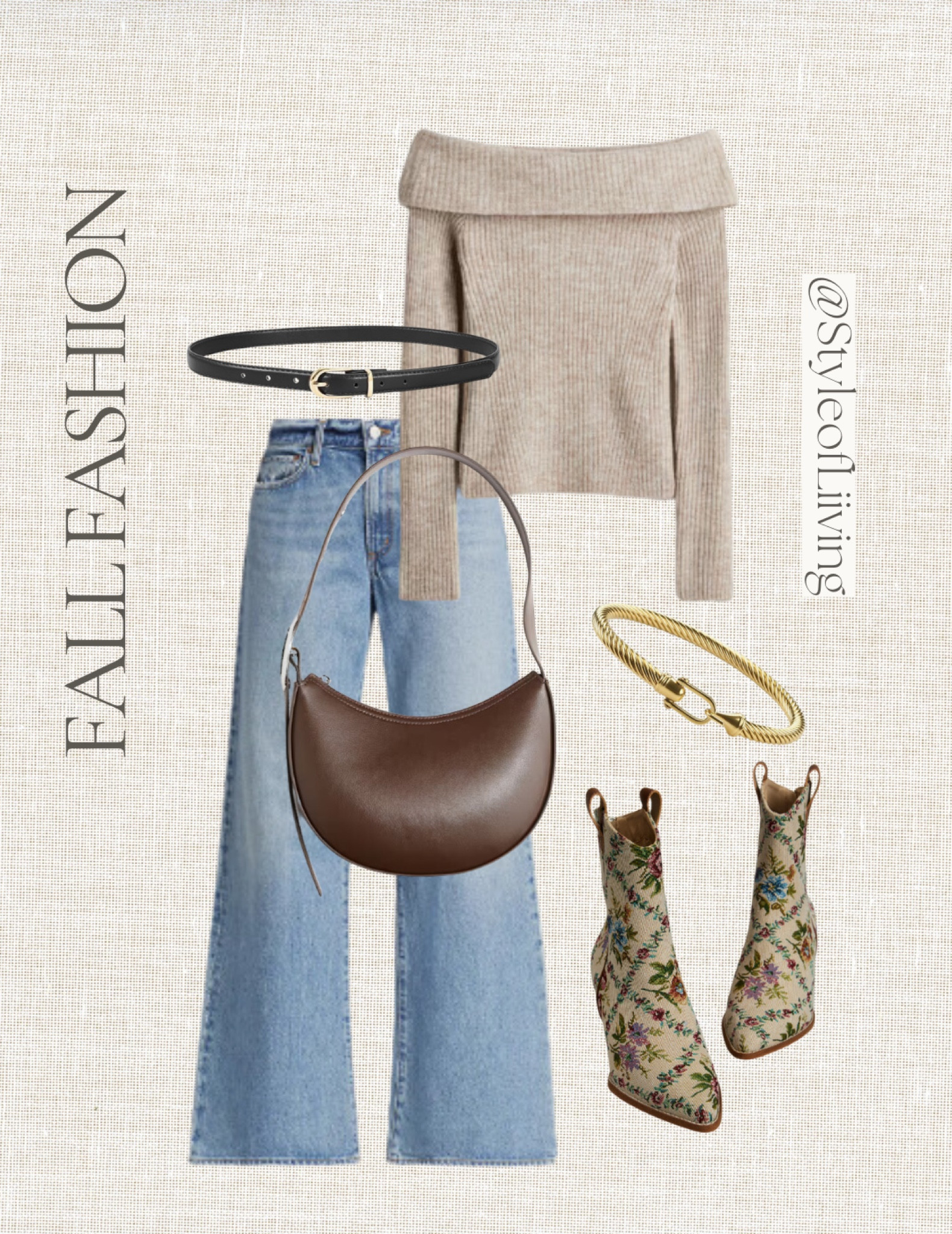 Fall fashion for women. Denim jeans, off the shoulder sweater, belt, boots, bangle bracelet.

#LTKStyleTip #LTKSeasonal #LTKShoeCrush