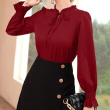 Burgundy Red Women's Casual Solid Color Ruffled Sleeve Blouse, Spring And Autumn | SHEIN