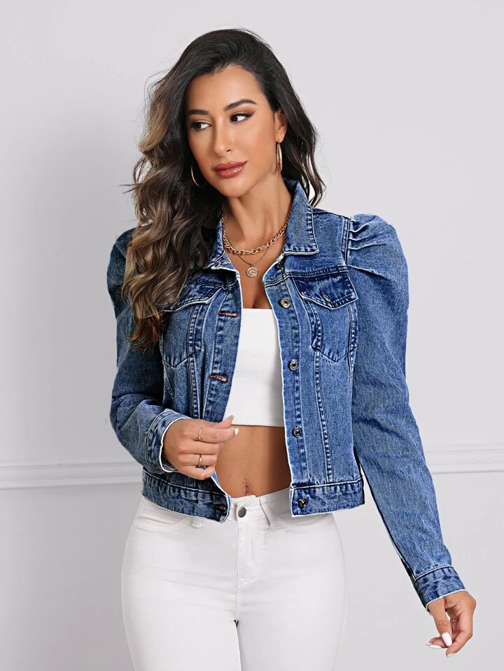 SHEIN LUNE Gigot Sleeve Single Breasted Denim Jacket | SHEIN