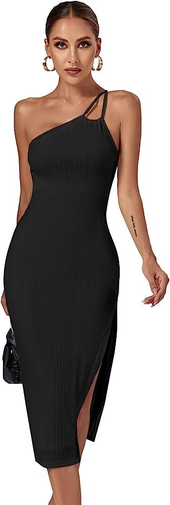 Umenlele Women's One Shoulder Sleeveless Cutout Slit Hem Spaghetti Straps Cocktail Midi Dress | Amazon (US)