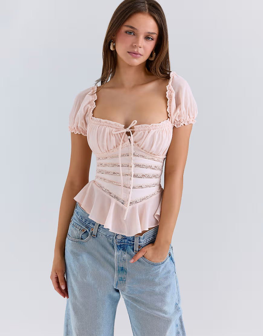 House of CB Cara pink lace peplum top in pink | ASOS (Global)