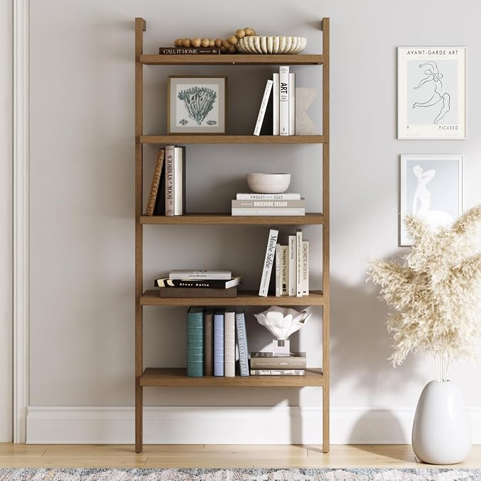 Nathan James Beacon 5 Tier Bookshelf, Wall Mounted Bookcase, Solid Wood Bookshelf in Wire Brushed... | Amazon (US)