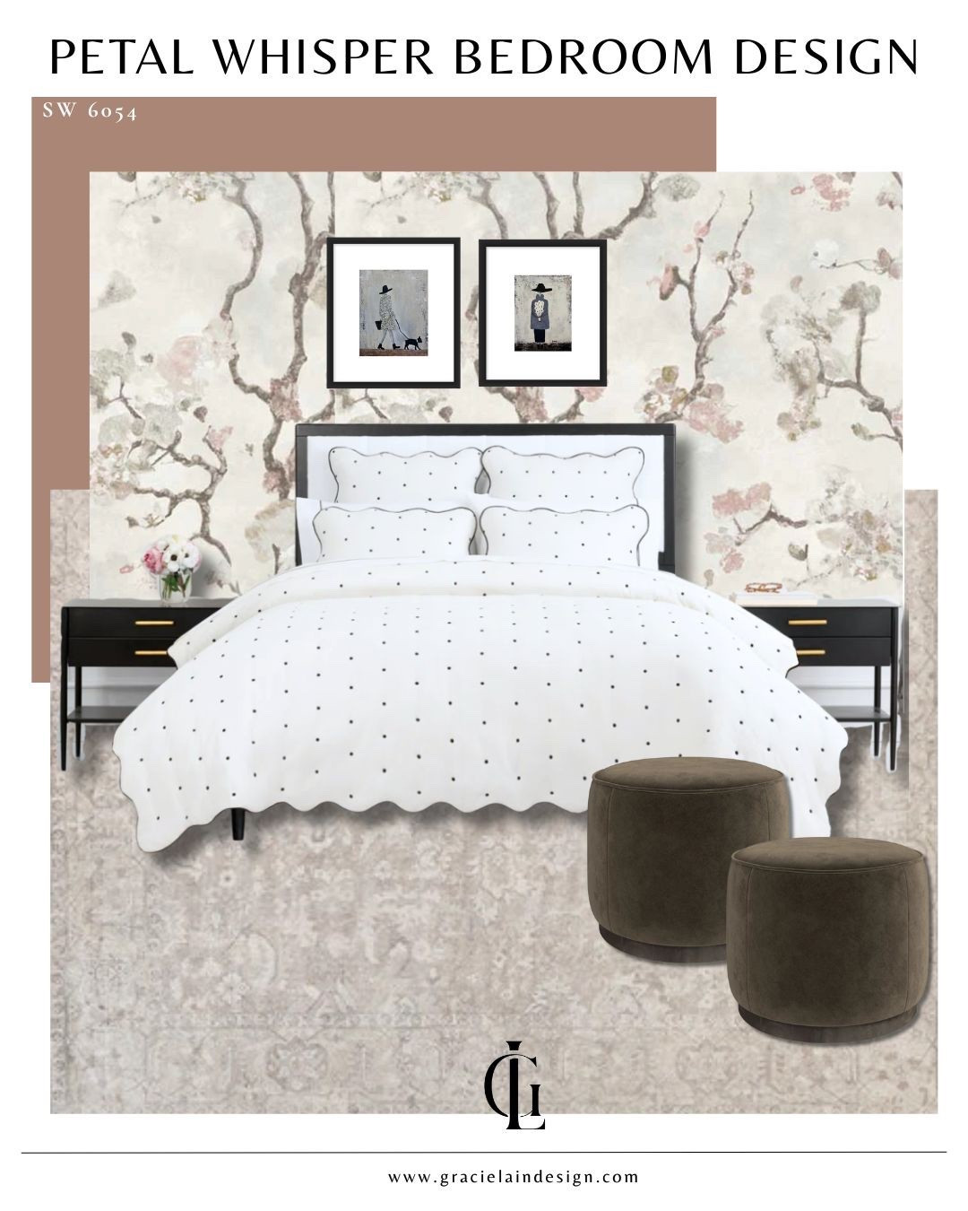 Petal Whisper Bedroom Design 🌸
Soft florals, warm neutrals, and timeless black accents come together for a serene, elevated retreat. This layered look blends romance with modern simplicity—perfect for anyone craving a calm, refined bedroom that still feels warm and inviting. From the delicate wallpaper to the scalloped bedding and cozy accent stools, every detail is designed to feel soft, intentional, and beautifully balanced.

Be sure to follow us on Instagram for daily curated mood boards just for our followers, and if you’re looking for your own personal space reach out to Gracie Lain Design today or visit our website at www.gracielaindesign.com

#gracielaindesign #ltkhome #ltkbedroom #bedroominspo #bedroomdesign #interiordecor #interiordesign #neutralbedroom #romanticbedroom #modernbedroom #homedecorinspo #shopthelook #designservices #virtualinteriordesign #luxuryinteriors #customdesign #moodboarddesign #homedesigninspo

#LTKHome #LTKmomlife #LTKSaleAlert