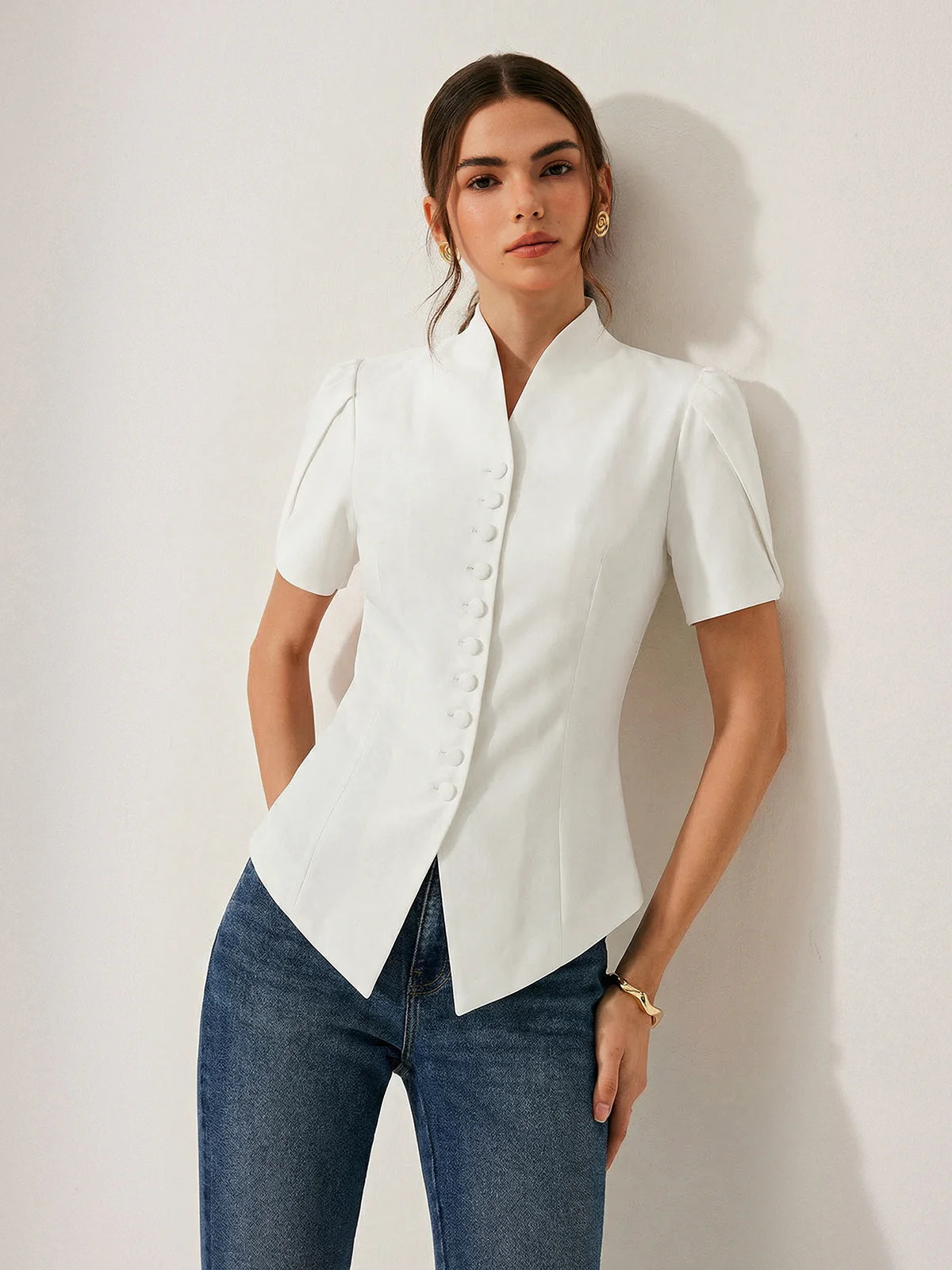 Short Sleeve Stand Collar Buttoned Slim Blouse | Commense