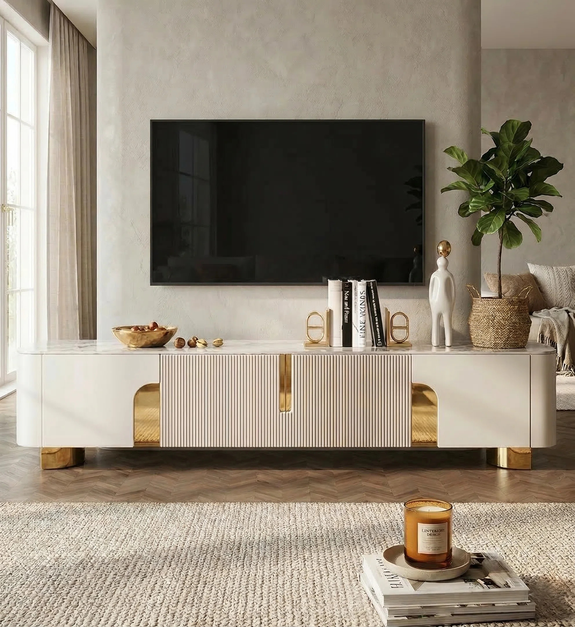 Harkless 78.74'' Modern Faux Marble TV Stand, Media Console With Gold Stainless Steel&4 Cabniets,... | Wayfair North America