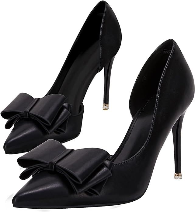 Womens Bow High Heels Closed Toe Dress Shoes Stiletto Slip on Wedding Pumps | Amazon (US)