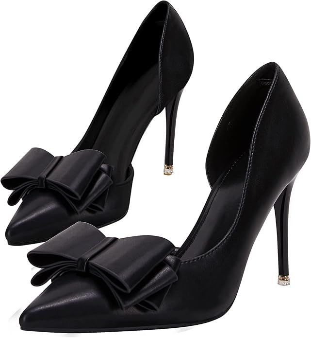 Womens Bow High Heels Closed Toe Dress Shoes Stiletto Slip on Wedding Pumps | Amazon (US)