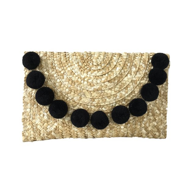 Fashion Culture Pom Pom Straw Envelope Clutch, Natural/Black | Walmart (US)
