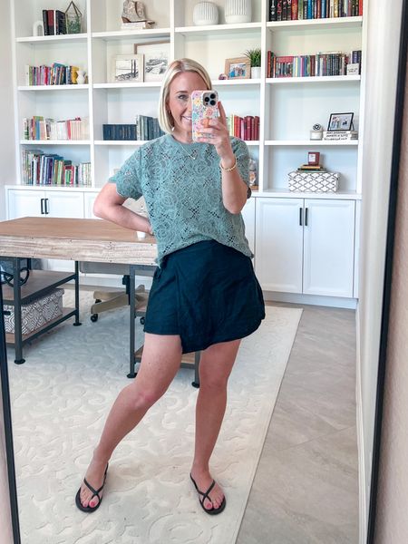 My outfit this morning:
• black linen skort - size small.
• crochet top - size small. Unfortunately sold out in this color, but I’m linking this exact top, plus two other options.
• sandals - tts  

#LTKStyleTip #LTKFindsUnder50 #LTKSeasonal