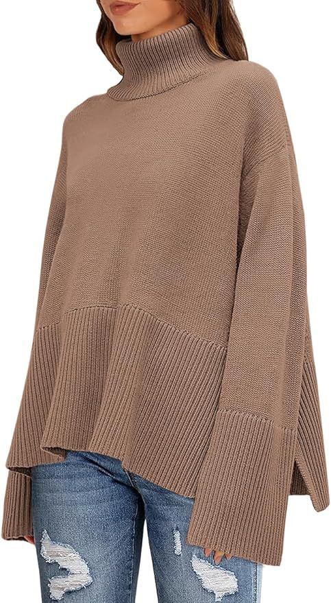 LILLUSORY Womens Fall Turtle Neck Long Sleeve Sweaters Ribbed Knit Pullover Sweater Top with Slit | Amazon (US)