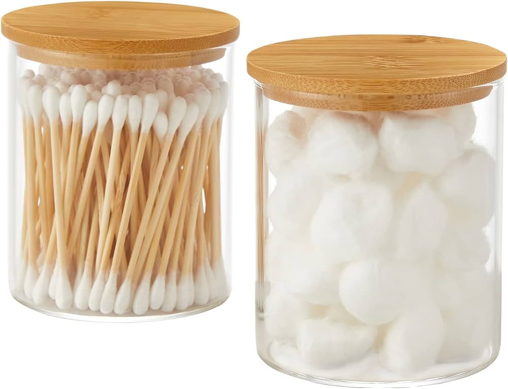 Glass Qtip Holder Dispenser with Bamboo Lid - 2 Pack Apothecary Jars - Cotton Balls Pads Swabs Ho... | Amazon (US)