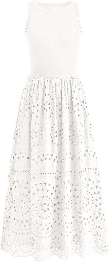 dowerme Women Summer Dresses 2025 Casual Sleeveless Crewneck A-Line Boho Lace Eyelet Cotton Tank ... | Amazon (US)