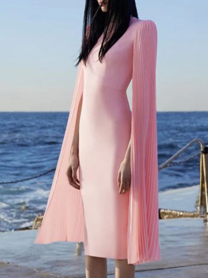 Pleated Cape Sleeve Bodycon Elegant Midi Dress | StyleWe (US)