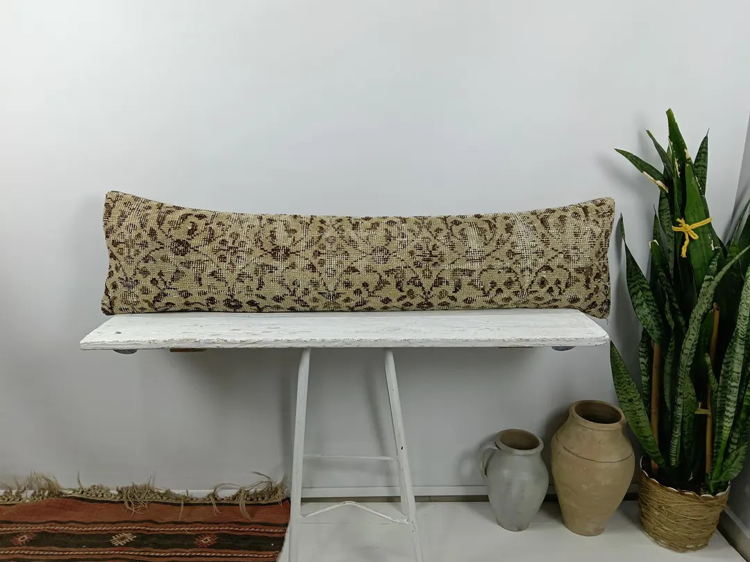 12x48 Neutral Kilim Lumbar Pillow | Turkish Rug Pillow Cover | Extra Long Bed Bolster | Beige Cre... | Etsy (US)
