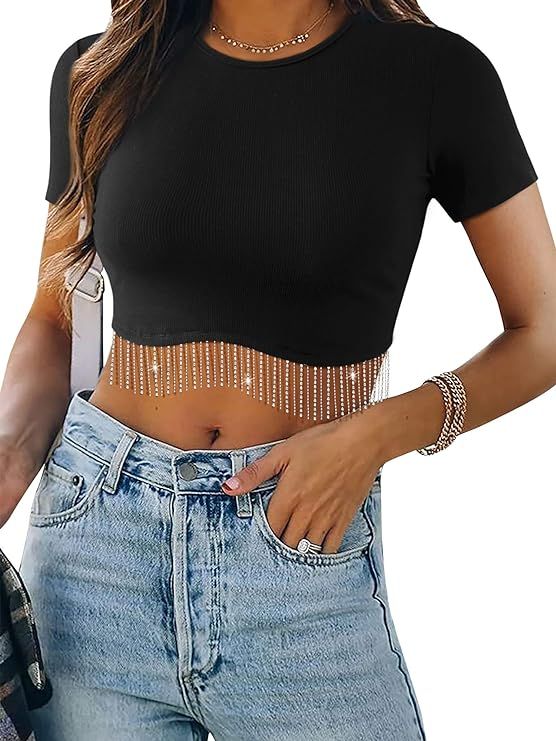 Womens Nashville Sparkly Glitter Fringe Short Sleeve Cropped Top Raceback Ribbed Crop Tank Tops w... | Amazon (US)