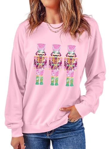 Aonoapll Women Sequin Nutcracker Sweatshirt Cute Holiday Oversized Pullover Sparkly Christmas Long Sleeve Crewneck Shirt(Dark Pink,XX-Large) | Amazon (US)