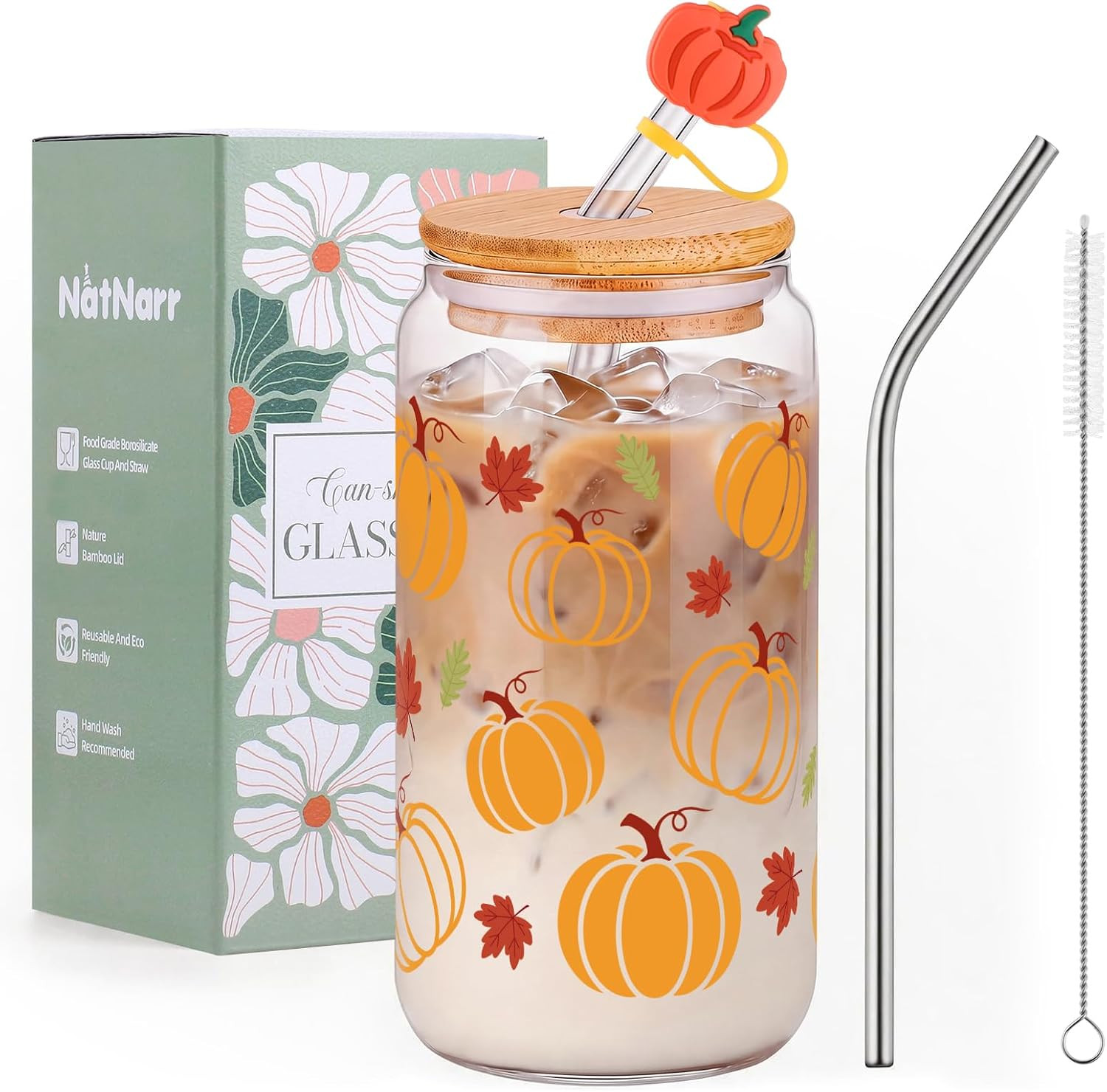 16 oz Fall Pumpkin Glass Cup With Lid & Straws Pumpkin Gifts for Women | Amazon (US)