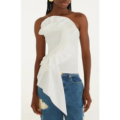 FARM Rio Strapless Smocked Cotton Ruffle Top in White at Nordstrom, Size Medium | Nordstrom