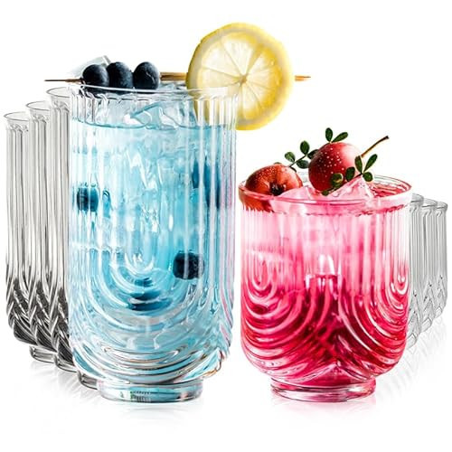Art Deco Cocktail Glasses, Highball Glasses Set Of 8, Ribbed Glasses, Drinking Glasses Set, Unique Glassware, Beverages Ice Coffee Cup, Ideal for Whiskey, Beer, Juice, Water | Amazon (US)