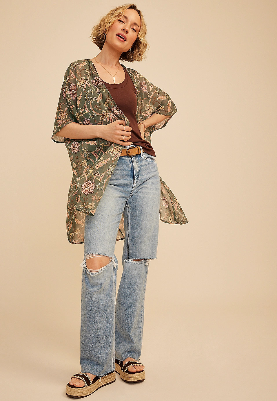 Floral Curve Hem Kimono | Maurices