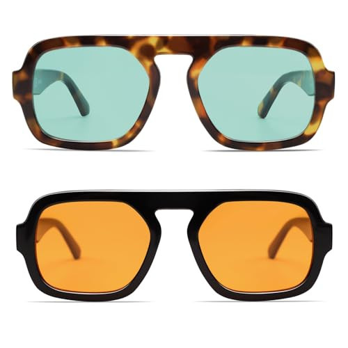 VANLINKER Retro Square Aviator Sunglasses for Women Men 70s Vintage Style Trendy Flat Top Rectangle Sun Glasses VL9826 2 Pack Tortoiseshell/Green&Black/Orange | Amazon (US)