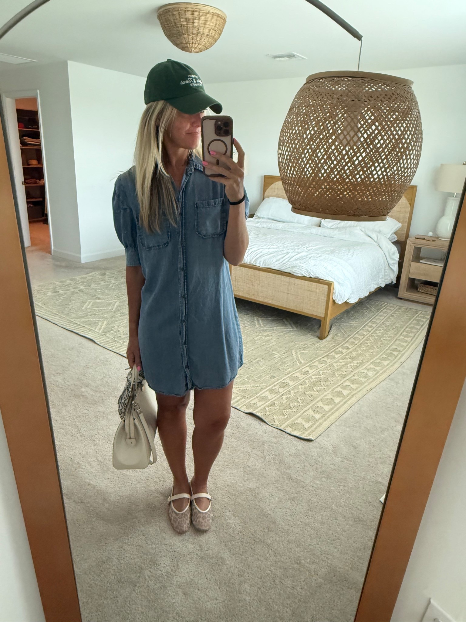And just like that we’re off to shop for school supplies 😢 summer was too fast but if I’m being honest I do crave routine and routine we will have very soon!
I paired these on-repeat flats with an easy denim shirt dress (mine is last year Evereve I’ll link similar), and one of my go to baseball hats from revolve. This is such an easy comfy grab and go outfit I know I’ll be repeating it.

