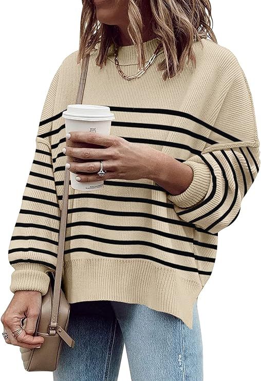 ETCYY Oversized Sweaters for Women Fall 2023 Trendy Crewneck Batwing Long Sleeve Knit Tops Side S... | Amazon (US)
