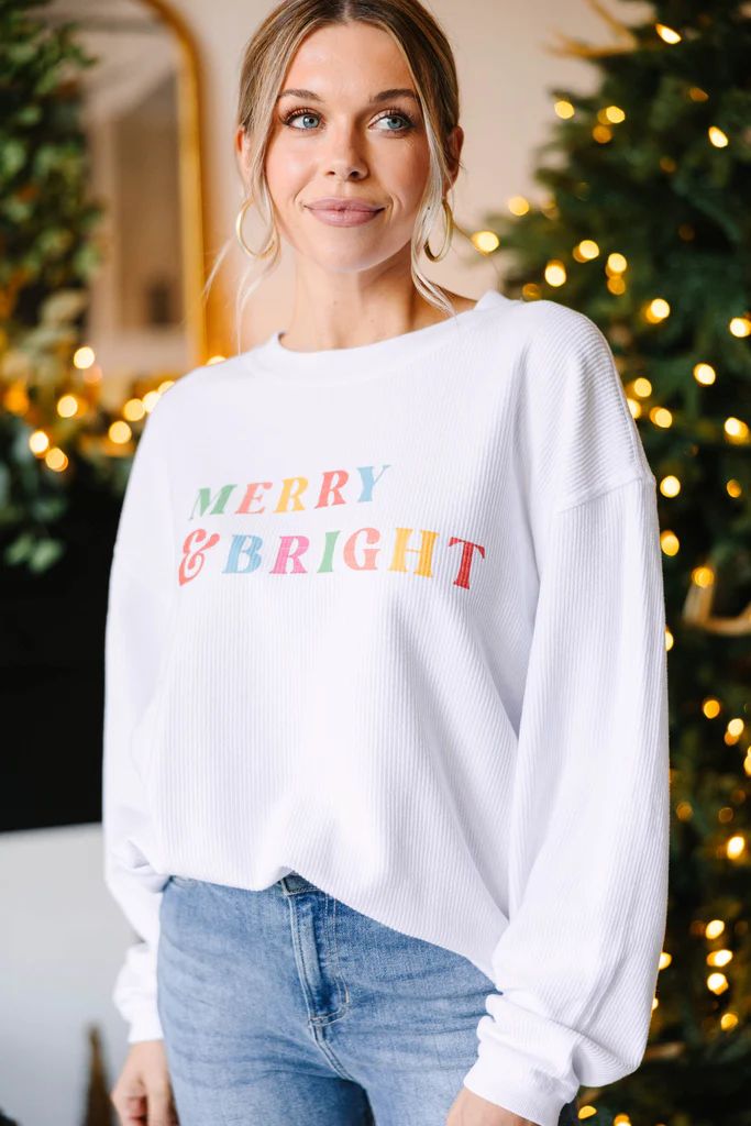 Merry & Bright White Graphic Corded Sweatshirt | The Mint Julep Boutique