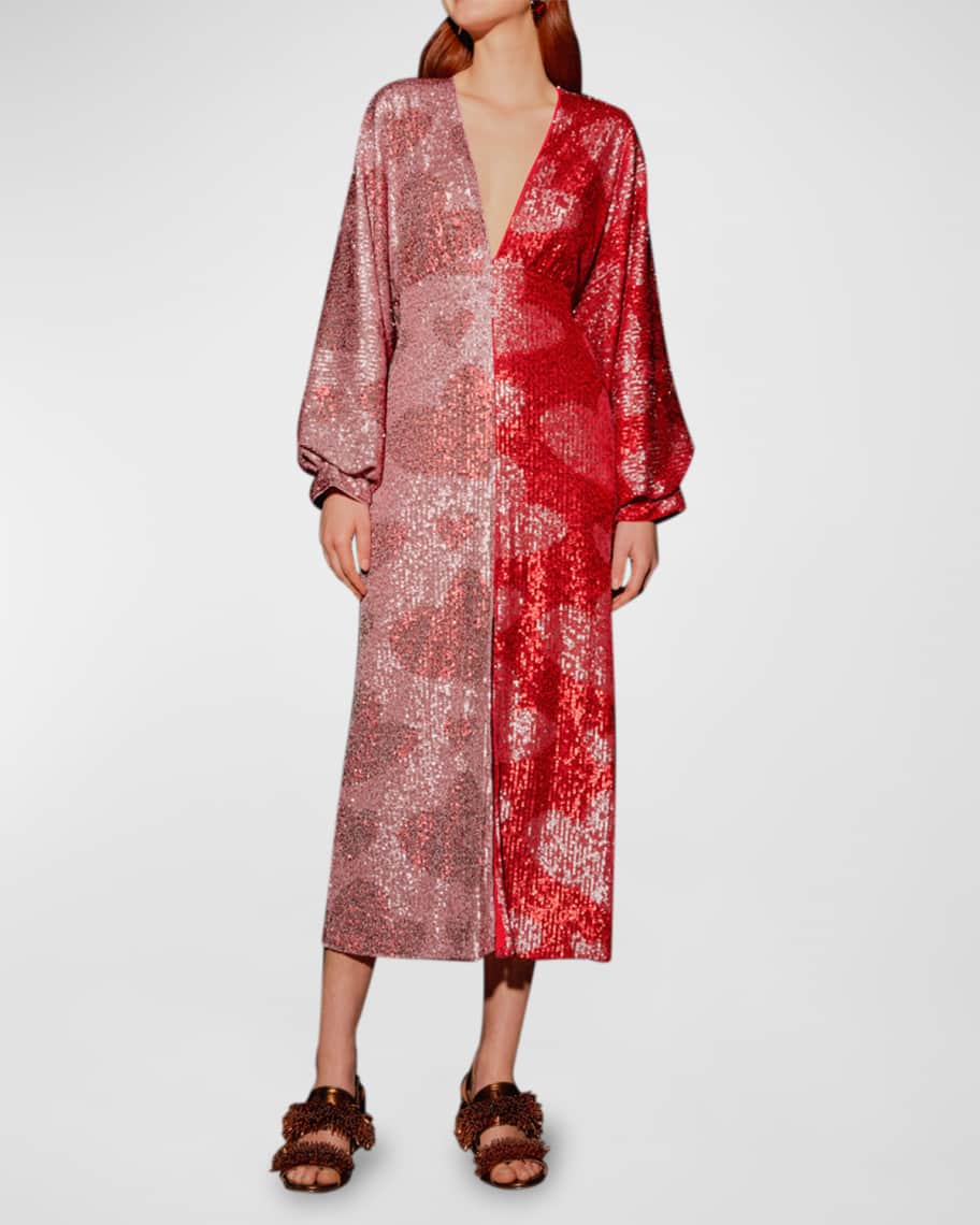 Heart Sequin Puff-Sleeve Midi Dress | Neiman Marcus
