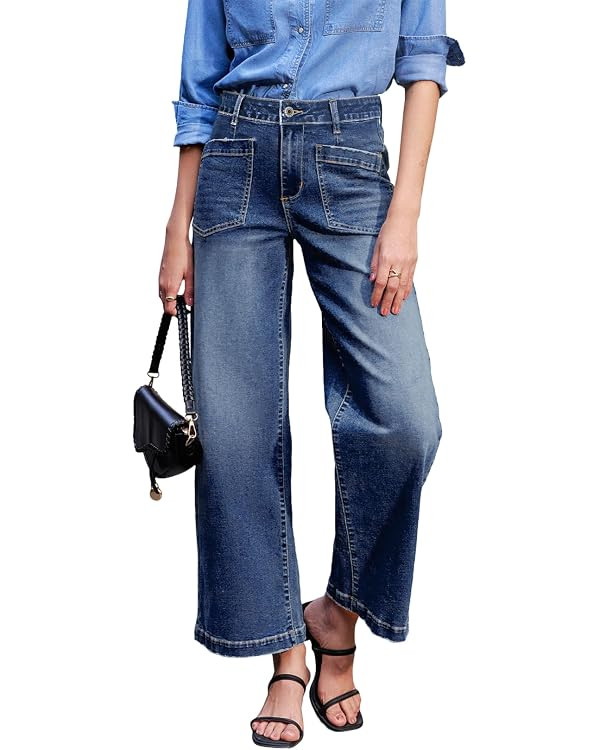 Sidefeel Women's Wide Leg Jeans High Waisted Stretchy Jeans Straight Leg Loose Fit Zimbaplatinum ... | Amazon (US)