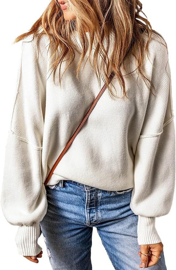 EVALESS Sweaters for Women Fashion 2023 Crewneck Batwing Sleeve Oversized Side Slit Ribbed Knit P... | Amazon (US)