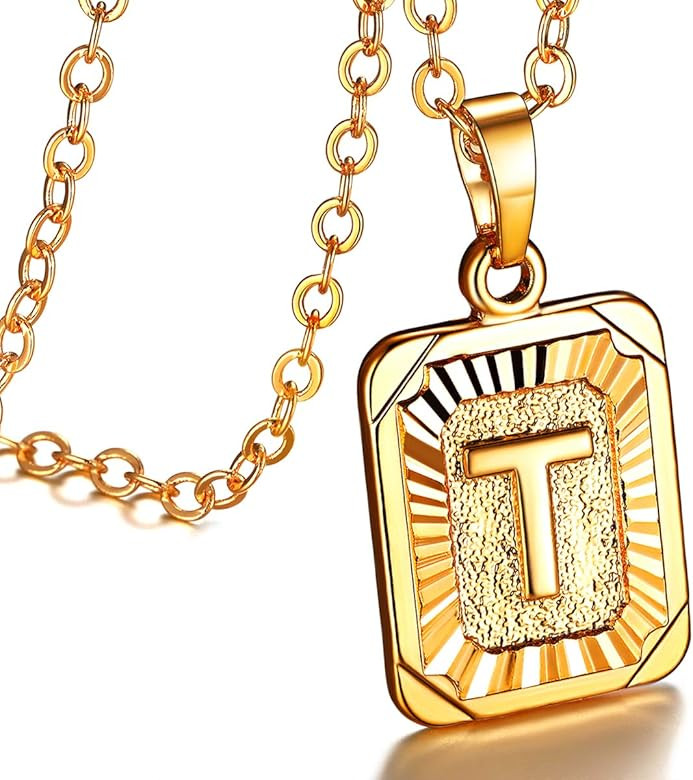 FOCALOOK Initial Letter Pendant Necklace Mens Womens Square Capital Letter Platinum/Yellow Gold P... | Amazon (US)