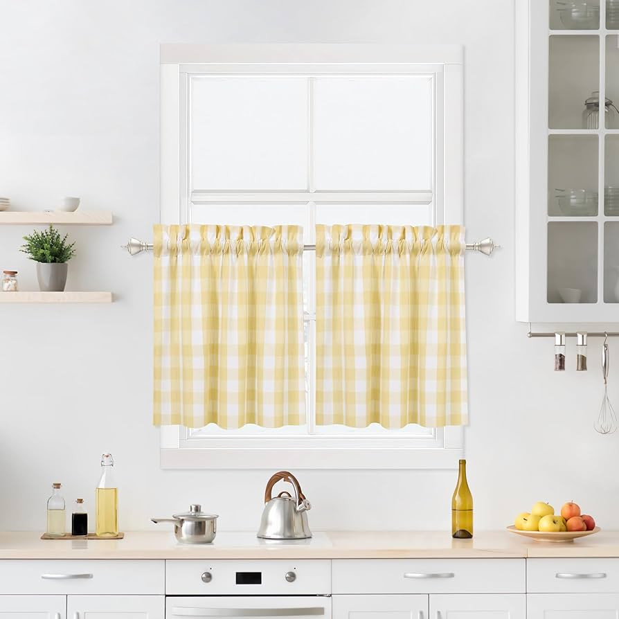 Yellow Buffalo Plaid Cafe Curtains Farmhouse Tiers Kitchen Curtain 24 Inches Long, Gingham Check ... | Amazon (US)