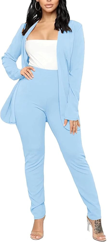 Aro Lora Women's 2 Piece Outfit Casual Solid Open Front Blazer and Pencil Pant Suits Set | Amazon (US)