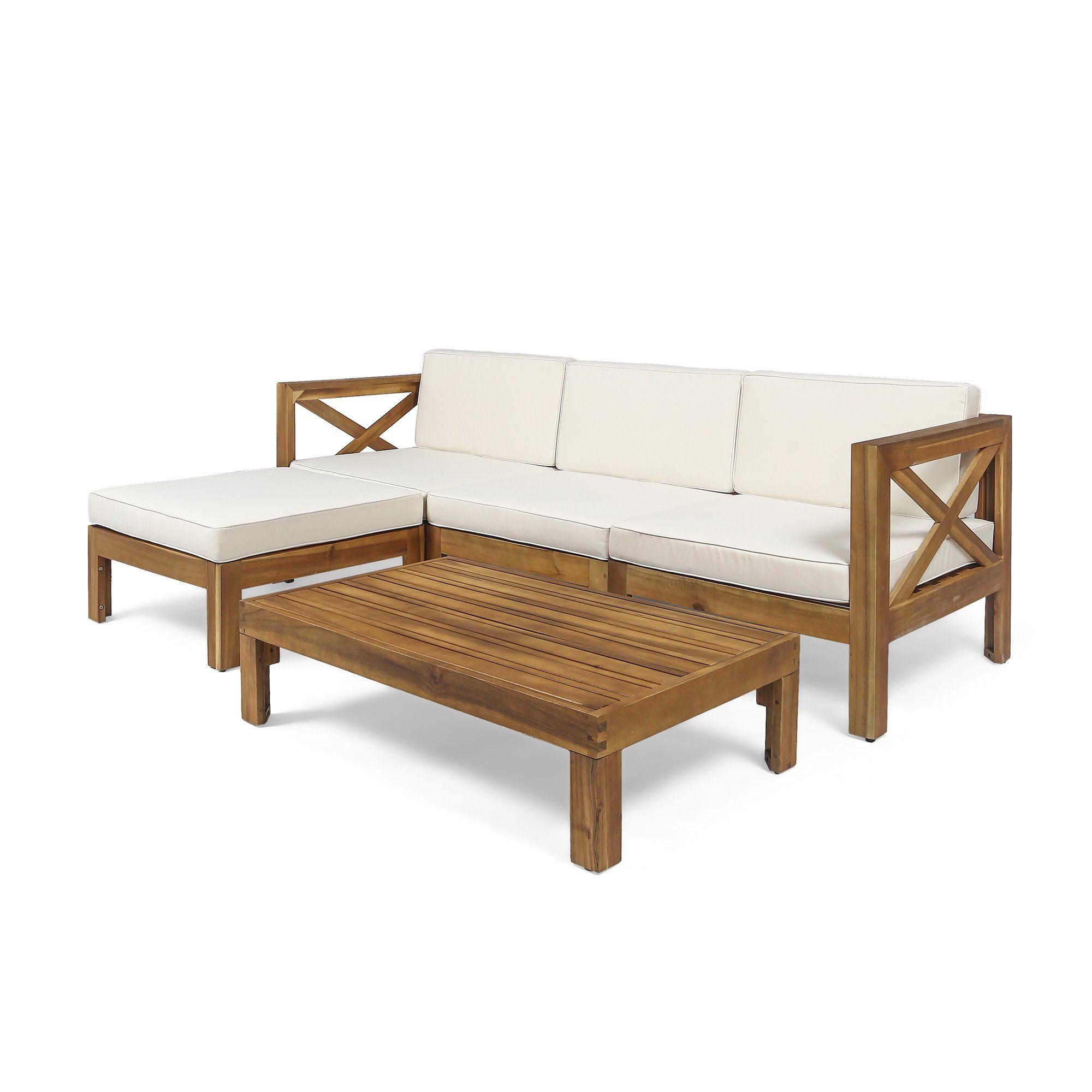 Mamie Outdoor Acacia Wood 5 Piece Sofa Set, Teak and Beige | Walmart (US)