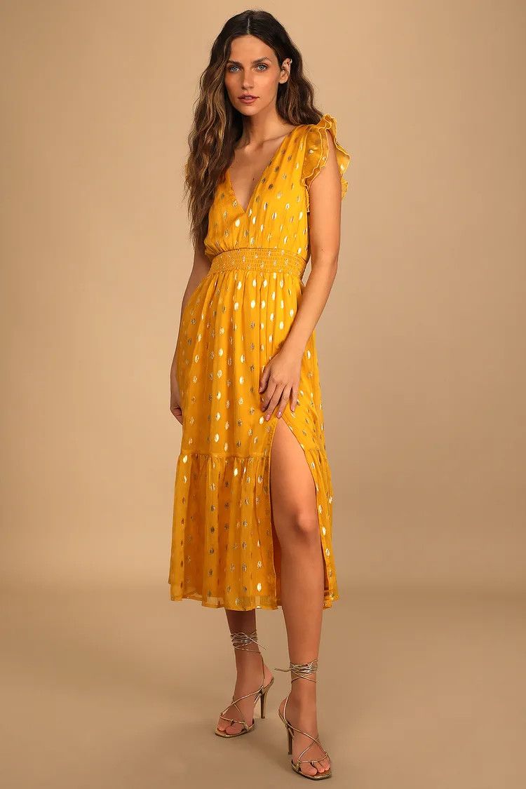 Yellow and Gold Dot Ruffled Tiered Midi Dress | Yellow Dress Dresses | Spring 2023 Outfits | Lulus (US)