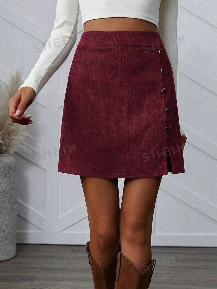 SHEIN Essnce Dames effen corduroy zijsplit knoop decor A-lijn rok, geschikt voor de herfst | SHEIN