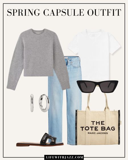Spring smart casual inspo 🖤

Gray cashmere / white tee / light blue wash / elevated sandals / black sandals / canvas tote / sunglasses / silver earrings 

#LTKstyletip #LTKSeasonal