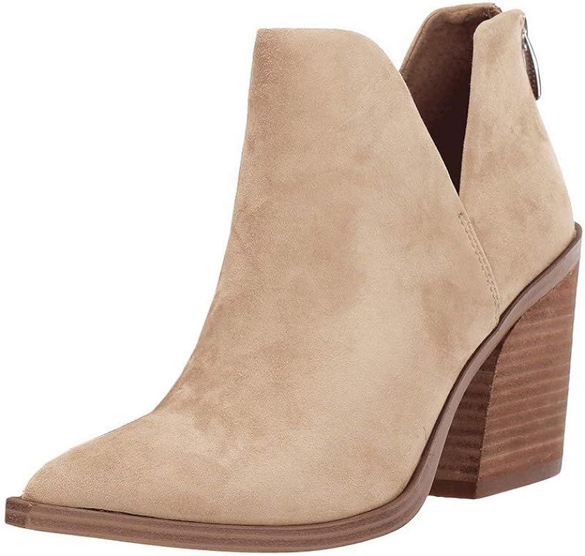 Coutgo Womens Slip on Ankle Boots V Cutout Pointed Toe Chunky Stacked Mid Heel Booties | Amazon (US)