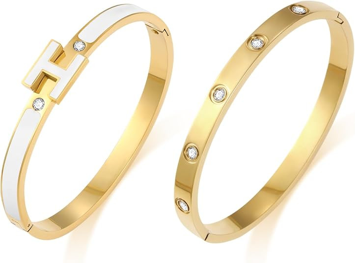 MIFKUD H Bracelets for Women 18K Gold Plated Bangle Bracelet Stack Cubic Zirconia Love Bangle Bra... | Amazon (US)