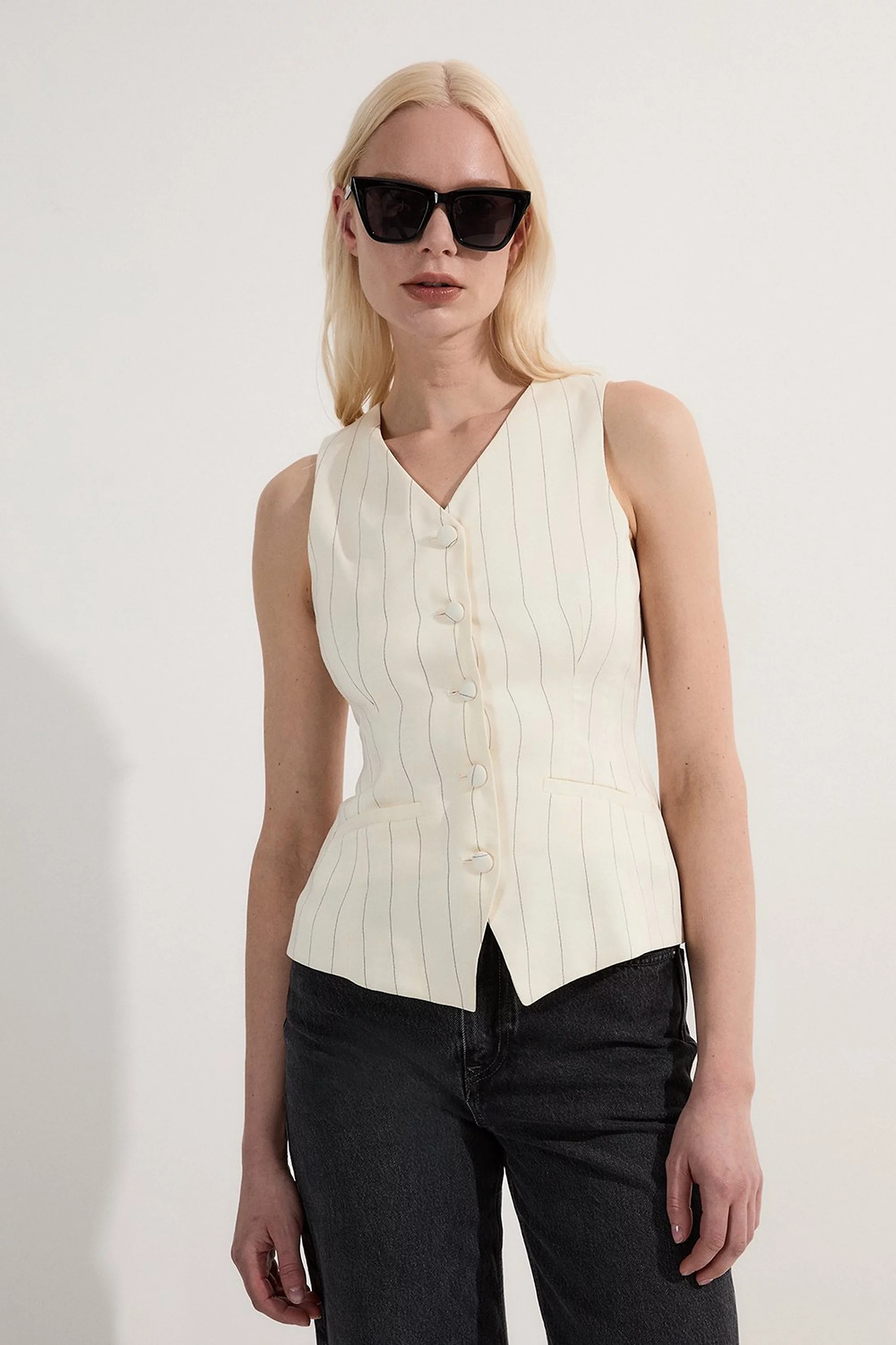 Petite Premium Linen Viscose Pinstripe Tailored Waistcoat | Karen Millen | Karen Millen UK + IE + DE + NL