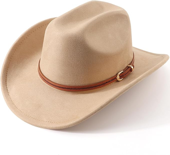 Western Cowboy Hats for Women Classic Felt Wide Brim Fedora Hat with Belt Buckle Retro Panama Hat... | Amazon (US)