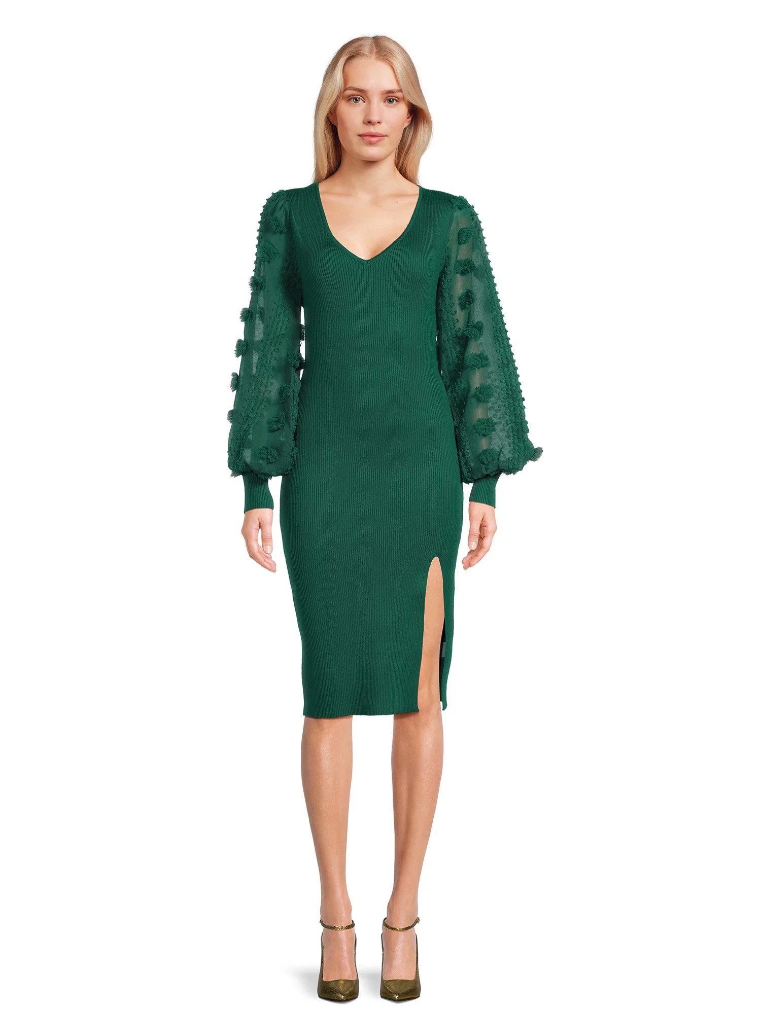 No Boundaries Juniors V-Neck Midi Dress with Long Sleeves, Sizes XS-4XL | Walmart (US)