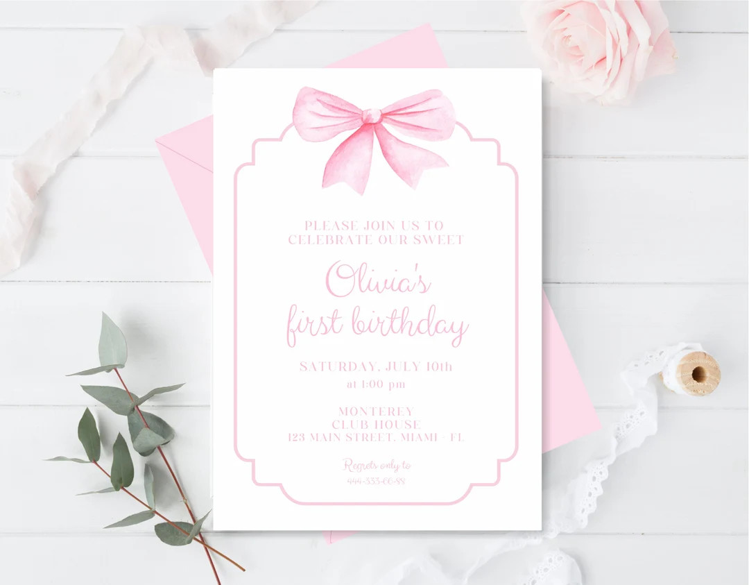 Pink Bow First Birthday Invitation, Girl 1st Birthday Decoration, Pink Bow Party, Watercolor Pink... | Etsy (US)