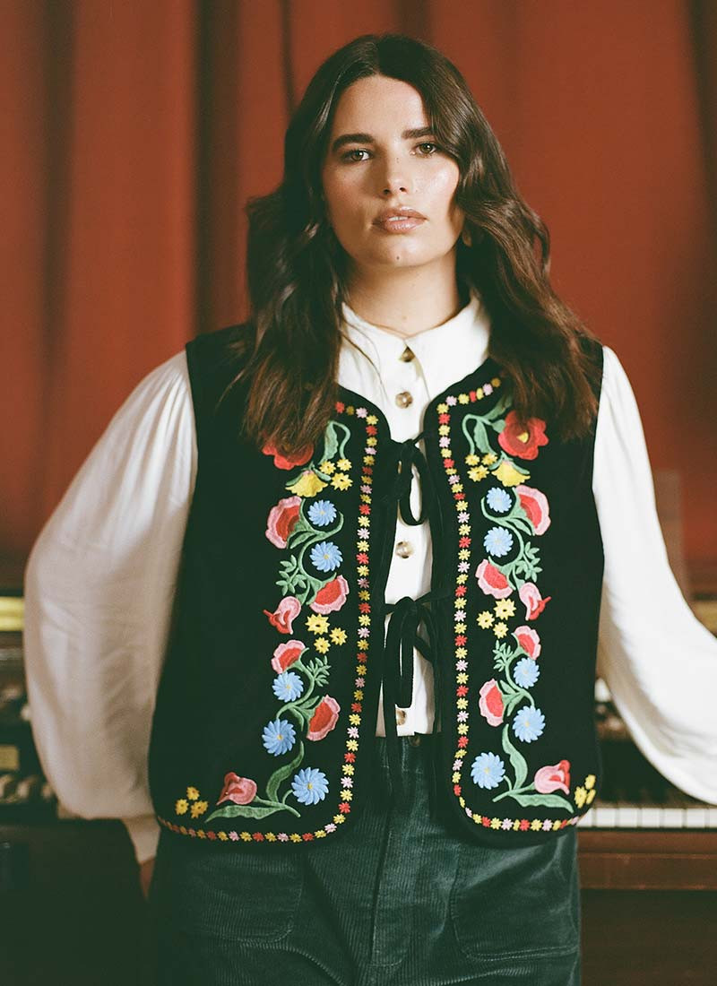 Joss Embroidered Tie Front Gilet - Black | Joanie