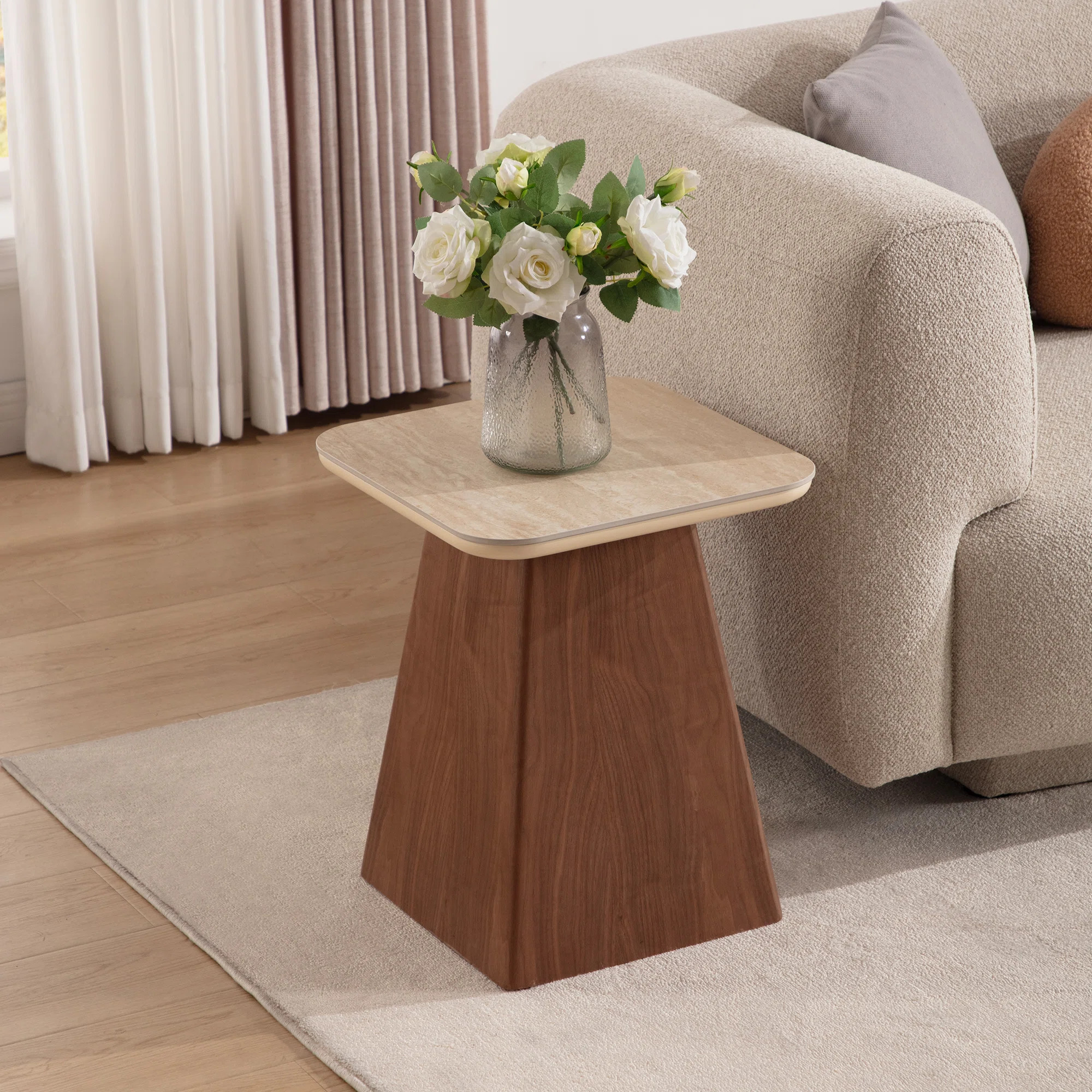 Faux Marble Top End Table With Walnut Pedestal, Mid Century Side For Living Room/Bedroom/Guest Ro... | Wayfair North America