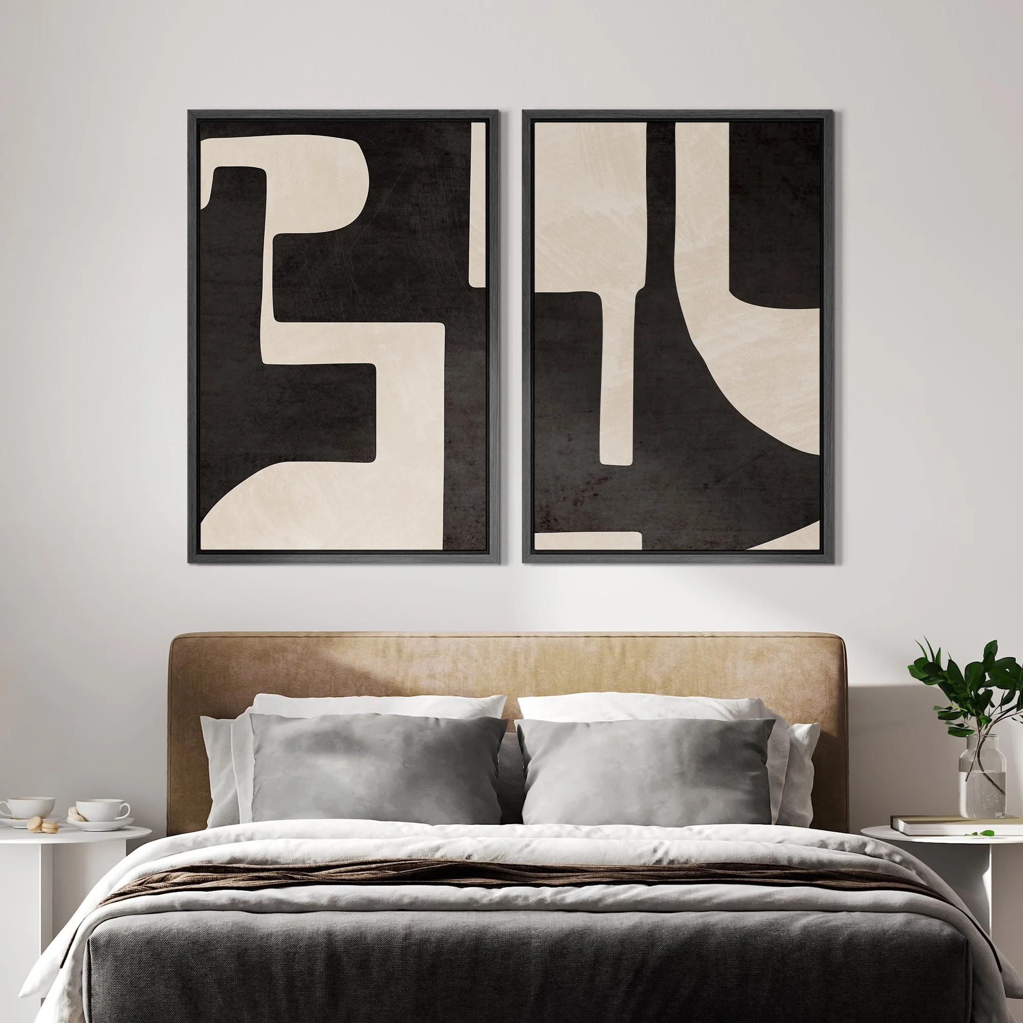 Mid Century Shape Black & Cream Geometric Paint Stroke Abstract Neutral Décor Framed Canvas 2 Pi... | Wayfair North America